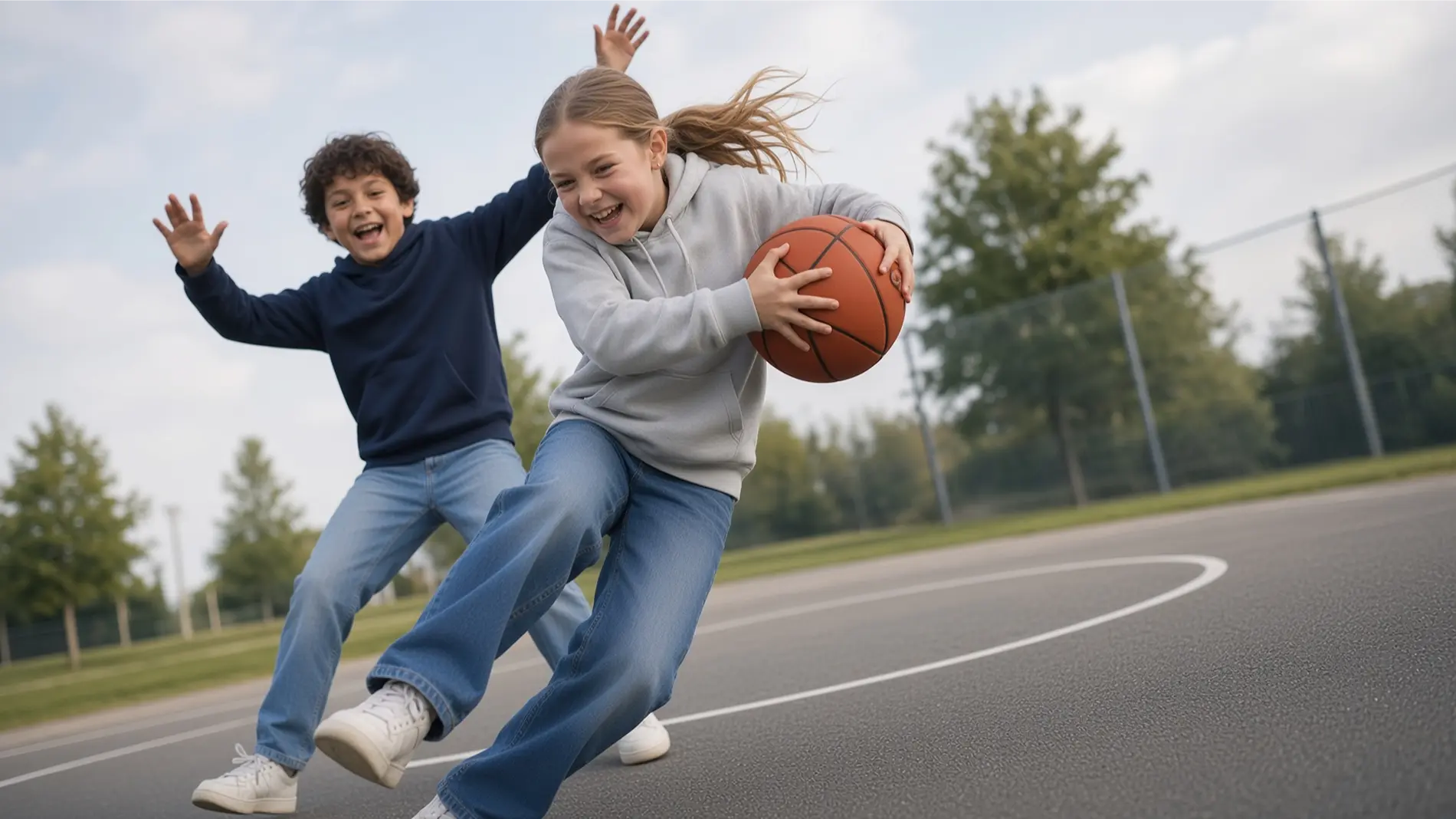 Barn som spiller basketball ute.